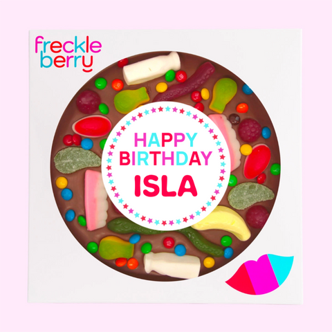 Premium Belgian chocolate pizza (available in 3 variants - dark, milk or white) topped with colourful lollies, customised with a name for the perfect celebration.