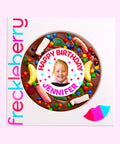 Belgian milk chocolate pizza loaded with lollies, customised with name (pink font colour) and photo upload for a unique birthday gift.