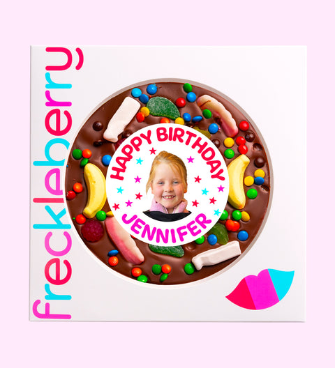 Premium giant Belgian chocolate pizza (available in 3 variants -dark, milk or white) loaded with lollies, customised with name and photo for a unique birthday gift.