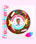 Premium giant Belgian chocolate pizza (available in 3 variants -dark, milk or white) loaded with lollies, customised with name and photo for a unique birthday gift.