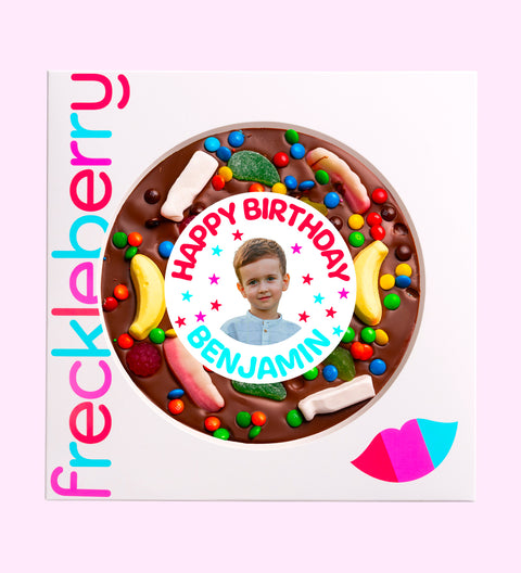 Premium giant Belgian chocolate pizza (available in 3 variants -dark, milk or white) loaded with lollies, customised with name and photo for a unique birthday gift.