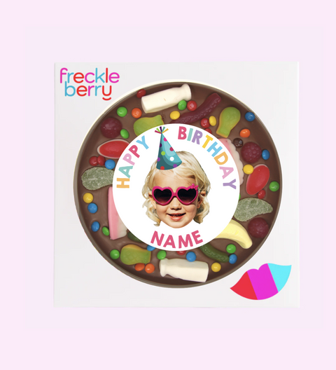 Premium giant Belgian chocolate pizza (available in 3 variants -dark, milk or white) loaded with lollies, customised with name and photo for a unique birthday gift.