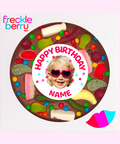 Fun Belgian milk chocolate pizza loaded with lollies, customised with a photo and name for the perfect birthday gift.
