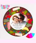 Fun, shareable Belgian chocolate (available in 3 variants - dark, milk or white) pizza topped with lollies, can be personalised with your design for a unique favour.