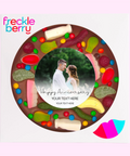 Fun, shareable premium Belgian milk chocolate pizza topped with lollies, personalised with your wedding design for a unique favour