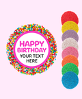 Handmade premium Belgian chocolate (available in 3 variants - dark, milk or white) topped with colourful sprinkles or sprinkle of choice (red, yellow, purple, white, pink, orange, green, blue) with "Happy Birthday" design/label and can be personalised by uploading your own custom text. Perfect client & staff gifts, delivered Australia-wide.
