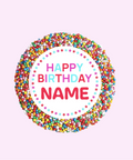 Creamy Belgian milk chocolate with sprinkles, customised with a name for a sweet birthday celebration.