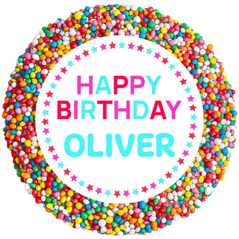 Creamy premium Belgian chocolate (available in 3 variants - dark, milk or white) topped with sprinkles, customised with a name for a sweet celebration.