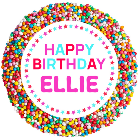 Creamy premium Belgian chocolate (available in 3 variants - dark, milk or white) topped with sprinkles, customised with a name for a sweet celebration.