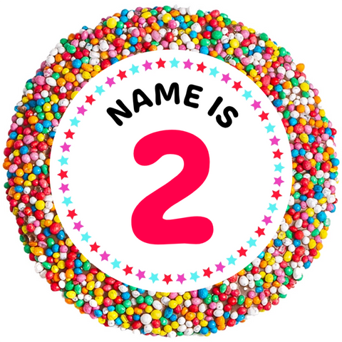 Creamy Belgian chocolate (available in 3 variants - dark, milk or white) topped with sprinkles, customised with name and age for a sweet celebration.