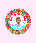 Creamy Belgian chocolate (available in 3 variants - dark, milk or white) topped with colourful sprinkles, customised with name and photo for a special birthday treat.