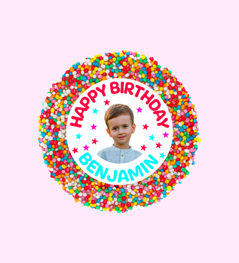 Creamy Belgian chocolate (available in 3 variants - dark, milk or white) topped with colourful sprinkles, customised with name and photo for a special birthday treat.