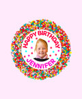 Creamy Belgian chocolate (available in 3 variants - dark, milk or white) topped with colourful sprinkles, customised with name and photo for a special birthday treat.