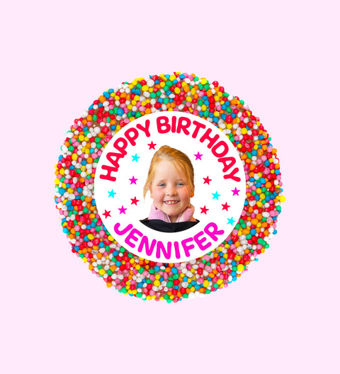 Creamy Belgian chocolate (available in 3 variants - dark, milk or white) topped with colourful sprinkles, customised with name and photo for a special birthday treat.