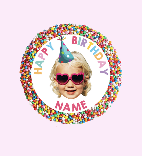 Creamy Belgian milk chocolate with colourful sprinkles, customised with name and photo for a special birthday treat.