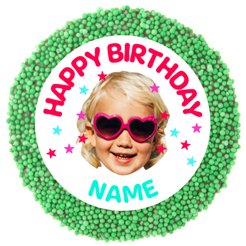 Creamy Belgian chocolate (available in 3 variants - dark, milk or white) topped with colourful green sprinkles, customised with a photo upload and name for a sweet and personalised celebration.
