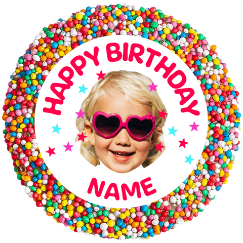 Creamy Belgian chocolate (available in 3 variants - dark, milk or white) topped with sprinkles, customised with a photo upload and name for a sweet and personalised celebration.