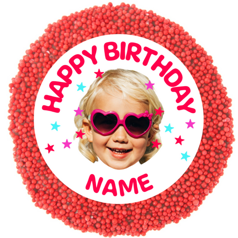 Creamy Belgian chocolate (available in 3 variants - dark, milk or white) topped with colourful orange sprinkles, customised with a photo upload and name for a sweet and personalised celebration.