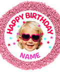 Creamy Belgian chocolate (available in 3 variants - dark, milk or white) topped with colourful pink sprinkles, customised with a photo upload and name for a sweet and personalised celebration.