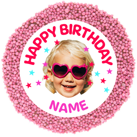 Creamy Belgian chocolate (available in 3 variants - dark, milk or white) topped with colourful pink sprinkles, customised with a photo upload and name for a sweet and personalised celebration.