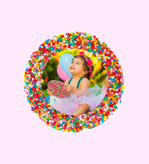 Creamy Belgian chocolate (available in 3 variants - dark, milk or white) topped with colourful sprinkles, customised with your uploaded image for a unique and thoughtful gift. 