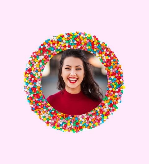 Creamy Belgian chocolate (available in 3 variants - dark, milk or white) topped with colourful sprinkles, customised with your uploaded image for a unique and thoughtful gift. 
