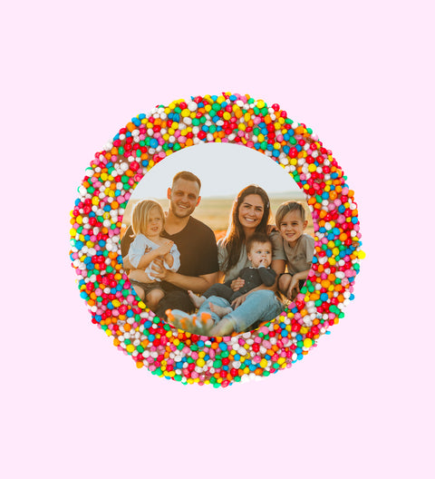 Creamy Belgian chocolate (available in 3 variants - dark, milk or white) topped with colourful sprinkles, customised with your uploaded image for a unique and thoughtful gift. 