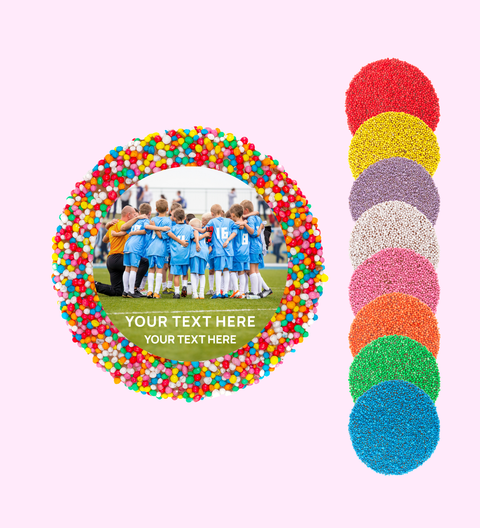 Rich premium Belgian chocolate (available in 3 variants - dark, milk or white) topped with colourful sprinkles or sprinkle of your choice, can be customised with your logo or image with text. Perfect for giveaways on sport events and to celebrate victory.