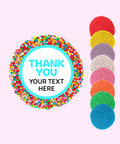 Handmade premium Belgian chocolate (available in 3 variants - dark, milk or white) topped with colourful sprinkles or sprinkle of choice (red, yellow, purple, white, pink, orange, green, blue) with "Thank You" design/label and can be personalised by uploading your own custom text. Perfect client & staff gifts, delivered Australia-wide.