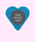 Creamy Belgian chocolate (available in 3 variants - dark, milk or white) heart pop covered in colourful blue sprinkles, customised with your uploaded design for a unique and thoughtful gift.