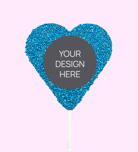 Creamy Belgian chocolate (available in 3 variants - dark, milk or white) heart pop covered in colourful blue sprinkles, customised with your uploaded design for a unique and thoughtful gift.