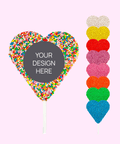 Creamy Belgian chocolate heart pop (available in 3 variants - dark, milk or white) covered in colourful sprinkles, customised with your uploaded design for a unique and thoughtful gift.