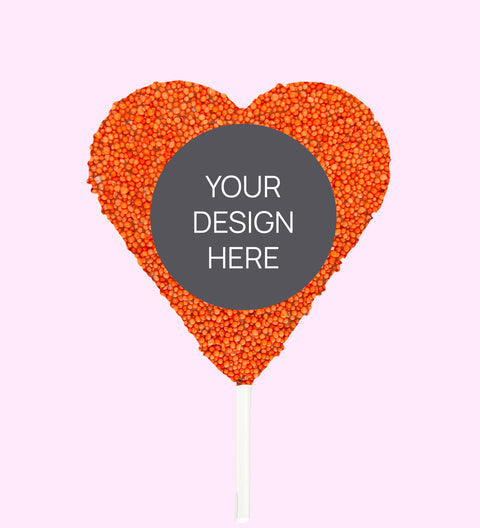 Creamy Belgian chocolate heart pop (available in 3 variants - dark, milk or white) covered in colourful orange sprinkles, customised with your uploaded design for a unique and thoughtful gift.