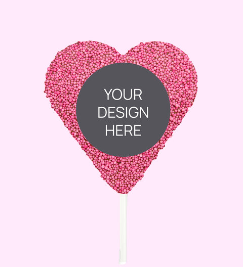 Creamy Belgian chocolate heart pop (available in 3 variants - dark, milk or white) covered in colourful pink  sprinkles, customised with your uploaded design for a unique and thoughtful gift.