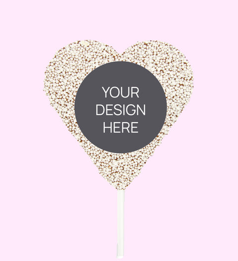 Creamy Belgian chocolate heart pop (available in 3 variants - dark, milk or white) covered in colourful white sprinkles, customised with your uploaded design for a unique and thoughtful gift.