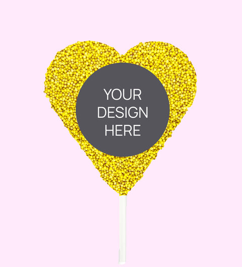 Creamy Belgian chocolate heart pop (available in 3 variants - dark, milk or white) covered in colourful yellow sprinkles, customised with your uploaded design for a unique and thoughtful gift.