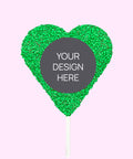 Creamy Belgian chocolate (available in 3 variants - dark, milk or white) heart pop covered in colourful green sprinkles, customised with your uploaded design for a unique and thoughtful gift.