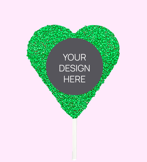 Creamy Belgian chocolate (available in 3 variants - dark, milk or white) heart pop covered in colourful green sprinkles, customised with your uploaded design for a unique and thoughtful gift.