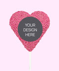 Creamy Belgian chocolate (available in 3 variants - dark, milk or white) heart pop covered in colourful pink sprinkles, customised with your uploaded design for a unique and thoughtful gift.
