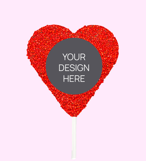 Creamy Belgian chocolate (available in 3 variants - dark, milk or white) heart pop covered in colourful red sprinkles, customised with your uploaded design for a unique and thoughtful gift.