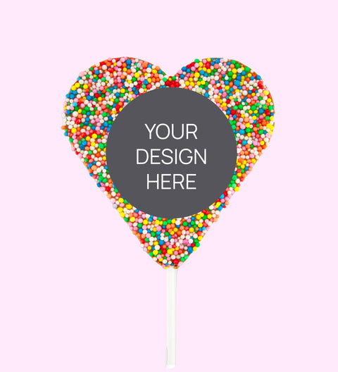 Creamy Belgian chocolate (available in 3 variants - dark, milk or white) heart pop covered in colourful multi sprinkles, customised with your uploaded design for a unique and thoughtful gift.