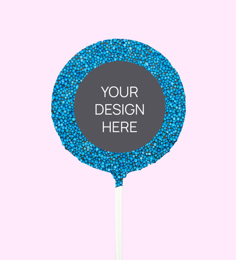 Creamy Belgian chocolate (available in 3 variants - dark, milk or white) round pop covered in colourful blue sprinkles, customised with your uploaded design for a unique and thoughtful gift.