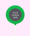 Creamy Belgian chocolate (available in 3 variants - dark, milk or white) round pop covered in colourful green sprinkles, customised with your uploaded design for a unique and thoughtful gift.