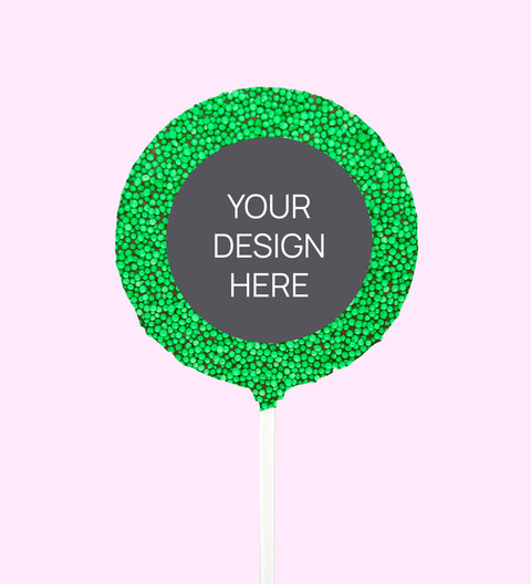 Creamy Belgian chocolate (available in 3 variants - dark, milk or white) round pop covered in colourful green sprinkles, customised with your uploaded design for a unique and thoughtful gift.