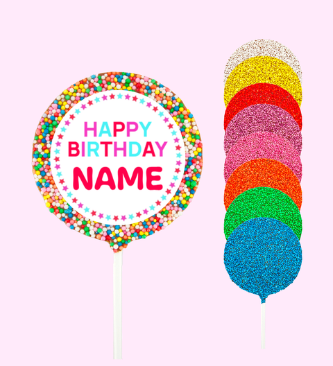 A delicious premium Belgian chocolate (available in 3 variants - milk, dark or white) round pop covered in colourful multi sprinkles - you can customise with a name, making the perfect birthday gift.