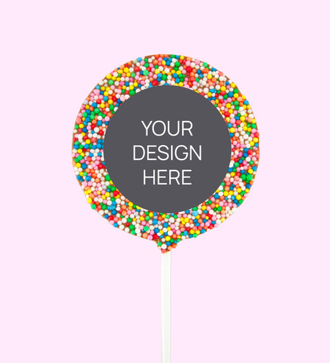 Creamy Belgian chocolate (available in 3 variants - dark, milk or white) round pop covered in colourful multi sprinkles, customised with your uploaded design for a unique and thoughtful gift.