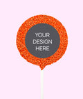 Creamy Belgian chocolate (available in 3 variants - dark, milk or white) round pop covered in colourful orange sprinkles, customised with your uploaded design for a unique and thoughtful gift.