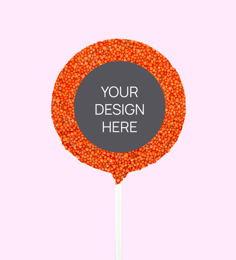 Creamy Belgian chocolate (available in 3 variants - dark, milk or white) round pop covered in colourful orange sprinkles, customised with your uploaded design for a unique and thoughtful gift.