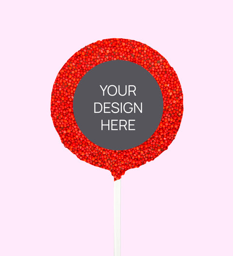 Creamy Belgian chocolate (available in 3 variants - dark, milk or white) round pop covered in colourful red sprinkles, customised with your uploaded design for a unique and thoughtful gift.