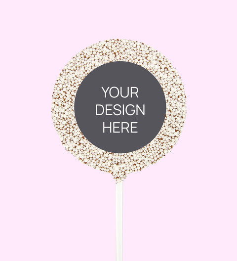 Creamy Belgian chocolate (available in 3 variants - dark, milk or white) round pop covered in colourful white sprinkles, customised with your uploaded design for a unique and thoughtful gift.